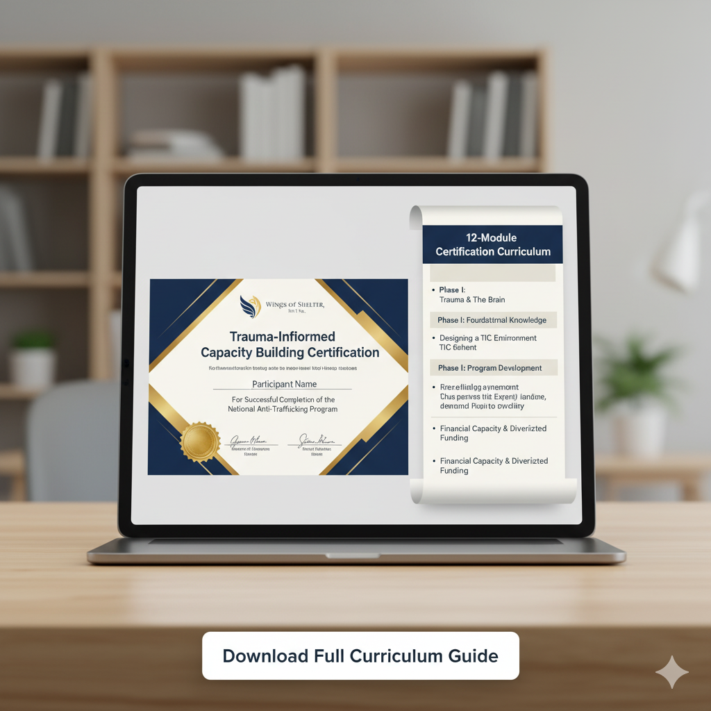 A laptop on a wooden table displaying a digital certification for Trauma-Informed Capacity Building. The screen shows a certificate with a gold seal, signatures, and a blue and gold design. Next to it is a scroll with a certification curriculum. A white button below the laptop reads 'Download Full Curriculum Guide'.