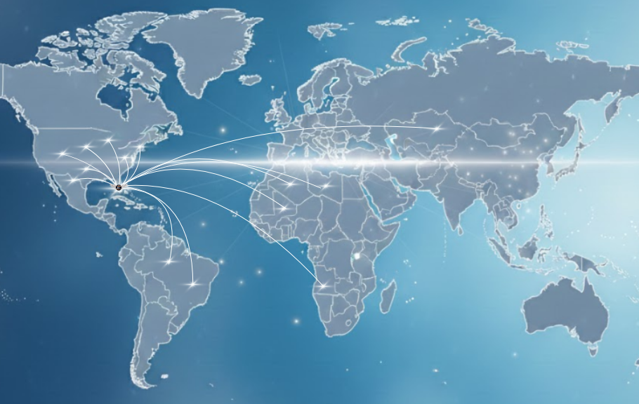 World map with multiple flight routes originating from a central point in North America.