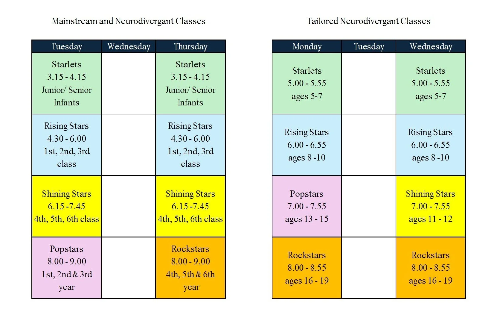 Class timetable for mainstream & Neurodivergent classes