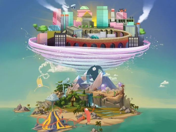 Fictieve illustratie van een drijvende stad boven een natuurlijke omgeving met bergen, waterval en vulkaan, met vliegende vliegtuigen en voertuigen.