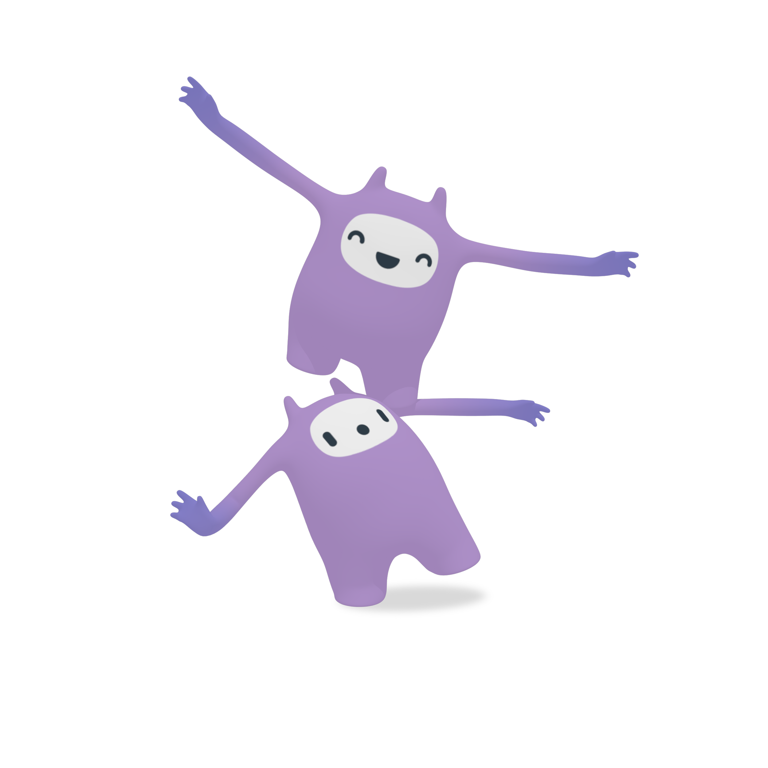Twee cartoonige, paarse, knuffelachtige wezens die plezier hebben, met armen uitgestrekt en grote glimlachen.