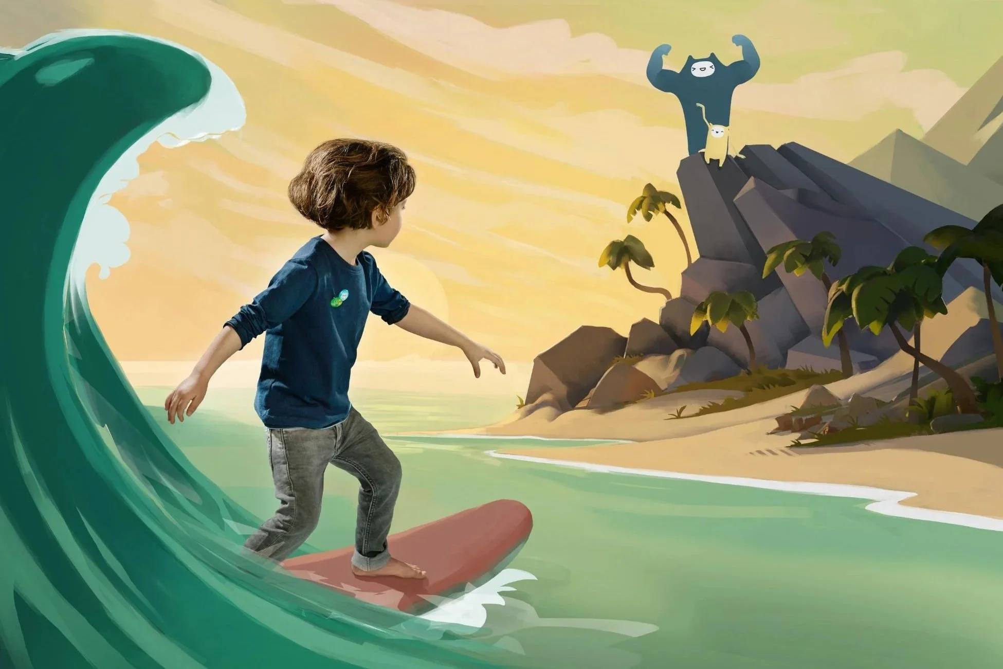 Kind op surfplank in de oceaan voor een muurschildering van een rotsachtig eiland met een grote gorilla op de top en een kleine aap ernaast.