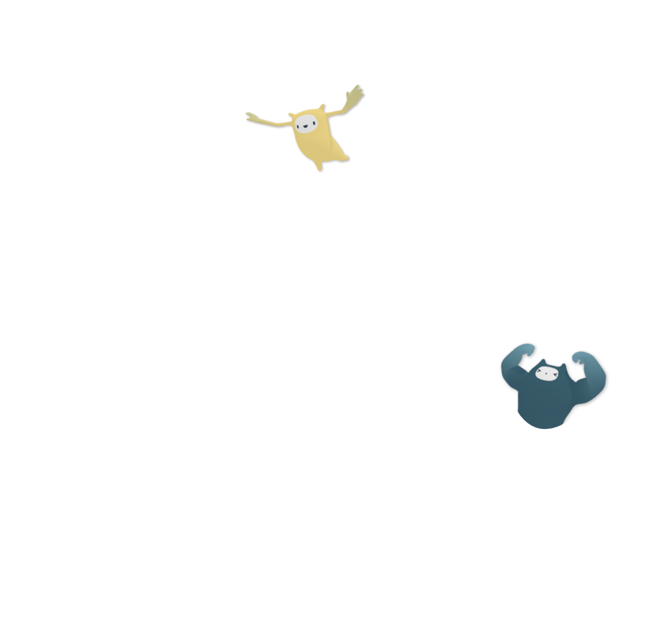 Twee cartoondieren, een geel en een blauwe, lijken te springen of te dansen op een witte achtergrond.