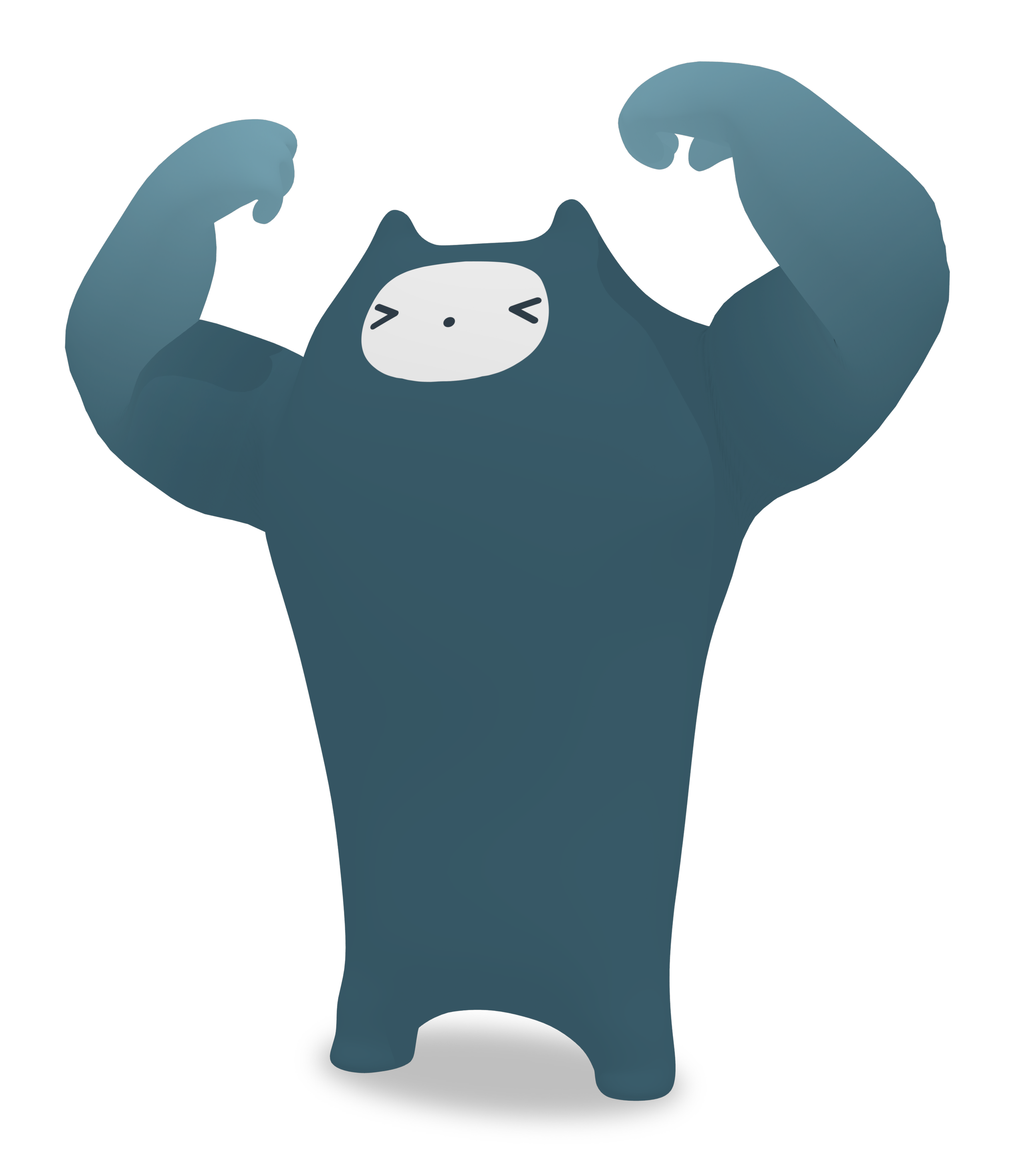 Een cartoon afbeelding van een sterke, musculaire, blauwe kat die haar biceps toont.