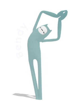 Een cartoonfiguur die met een laptop op een bureau zit, zich uitstrekt en zich ontspant.