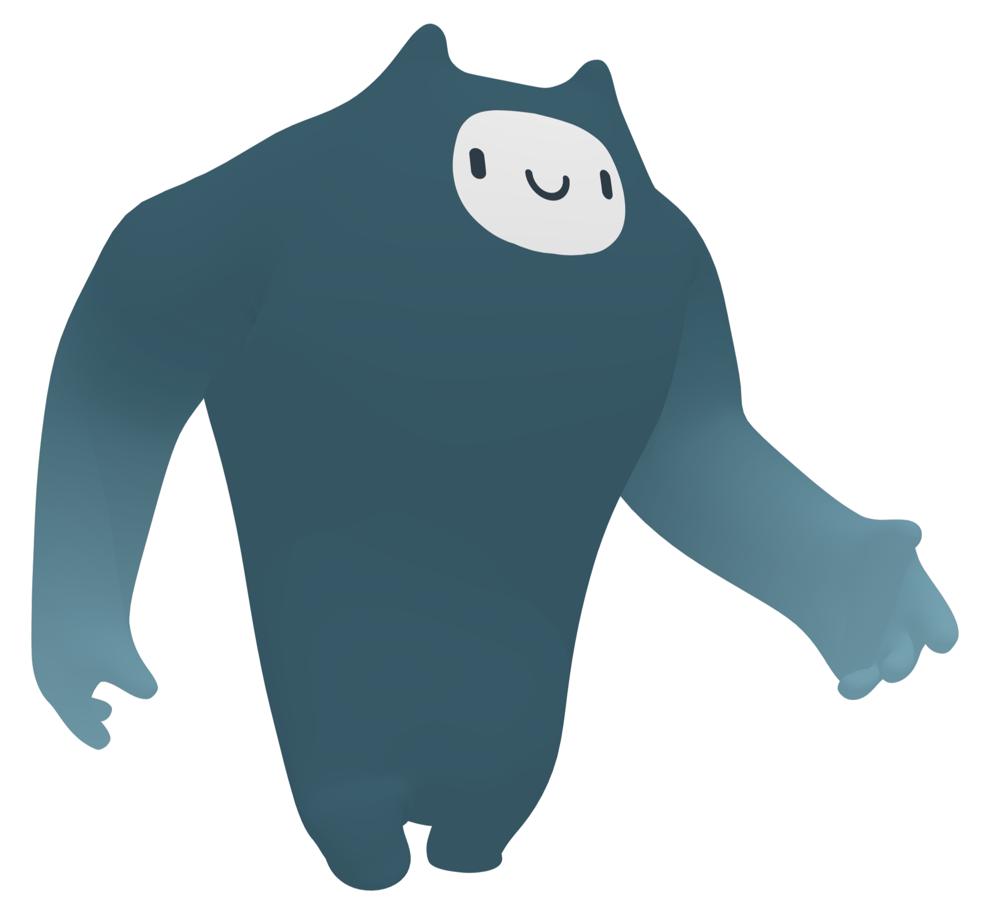 Een grote, vriendelijke blauwe berg met een wit, lachend gezicht op zijn voorkant.