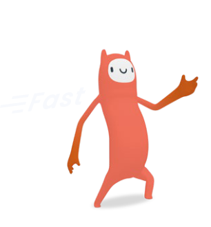 Een cartoonachtig wezen in een roze kostuum met lange armen en benen, en een witte gezicht met een glimlach, dat met één arm omhoog wijst.