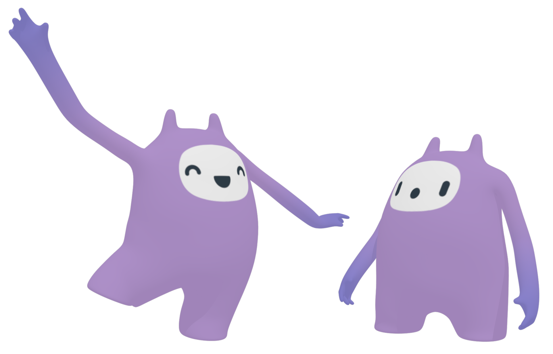 Twee schattige, cartoonachtige, paarse,hoofdachtige wezens met witte gezichten en kleine oren, die hand in hand dansen of spelen op een zwarte achtergrond.