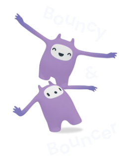 Twee zachte, paarse knuffeldieren met witte gezichten en grote ogen, die vrolijk en speels zijn.