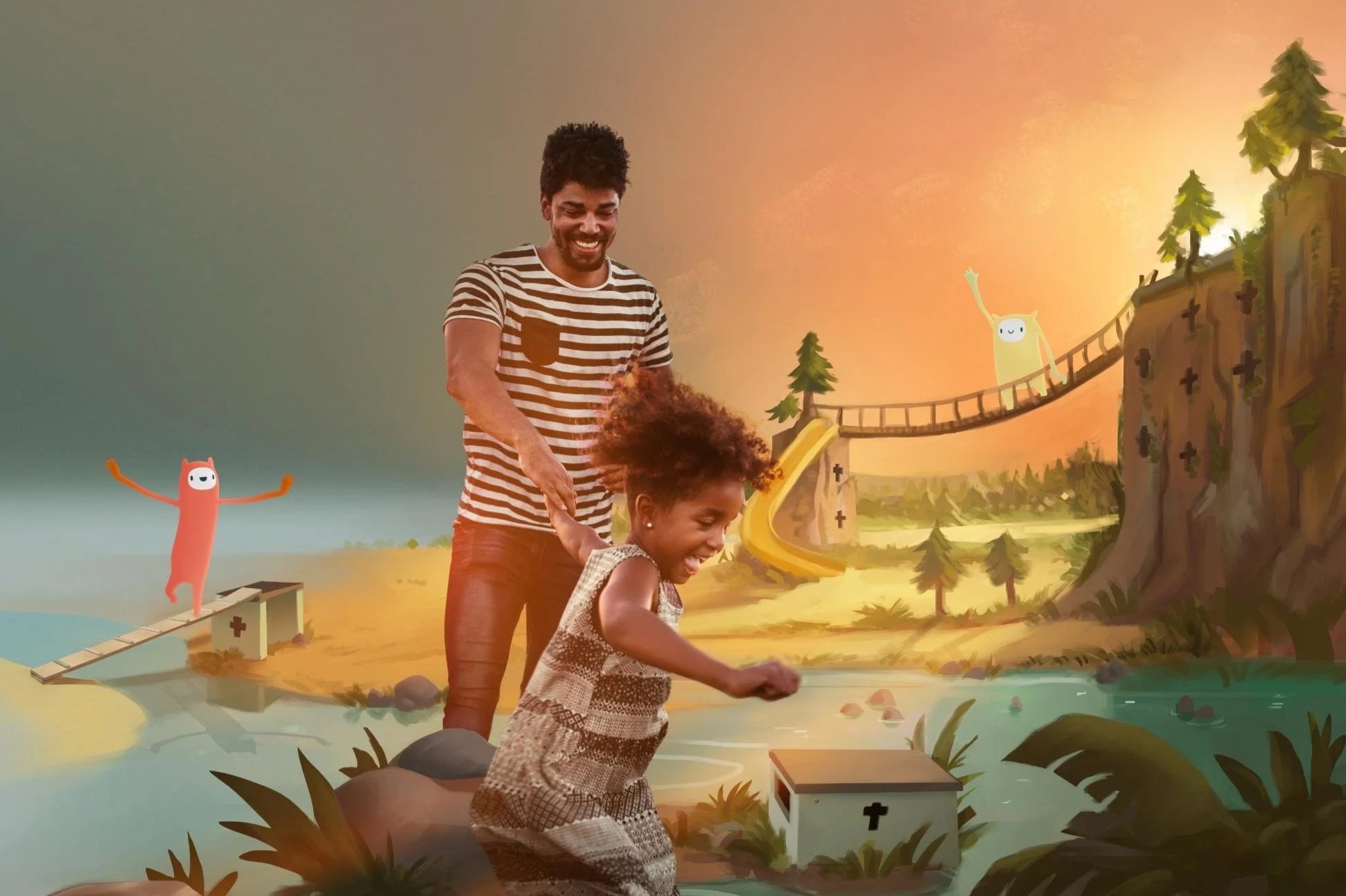 Man en kind die samen spelen voor een muurschildering met een fantasievol landschap, met cartoonachtige figuren en een hangbrug, op de achtergrond een zonsondergang.