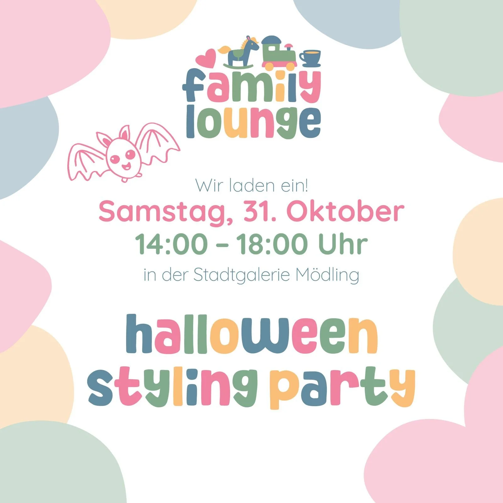 Einladung zu einer Halloween-Styling-Party am 31. Oktober von 14:00 bis 18:00 Uhr in der Stadtgalerie Mödling, mit bunten Pastellfarben, Cartoon-Elementen, einem Einhorn, einem Flugmonster, einem Herzen, einer Dschungelaffe und einer Tasse Kaffee.