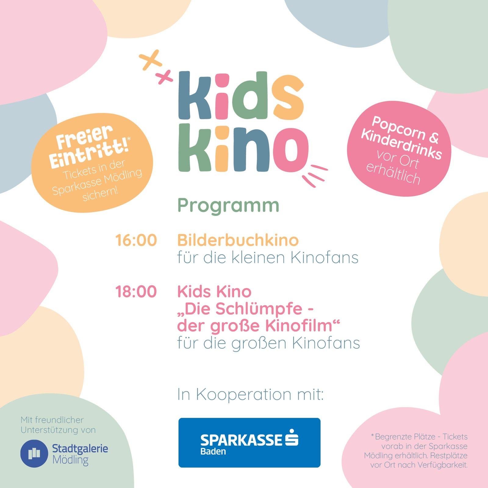 Plakat für Kids Kino Programm mit bunten Kreisen im Hintergrund. Es enthält Informationen über das Programm, inklusive Filmtitel, Uhrzeit und Ort, sowie Hinweise auf kostenlosen Eintritt, Popcorn und Kinderdienst.