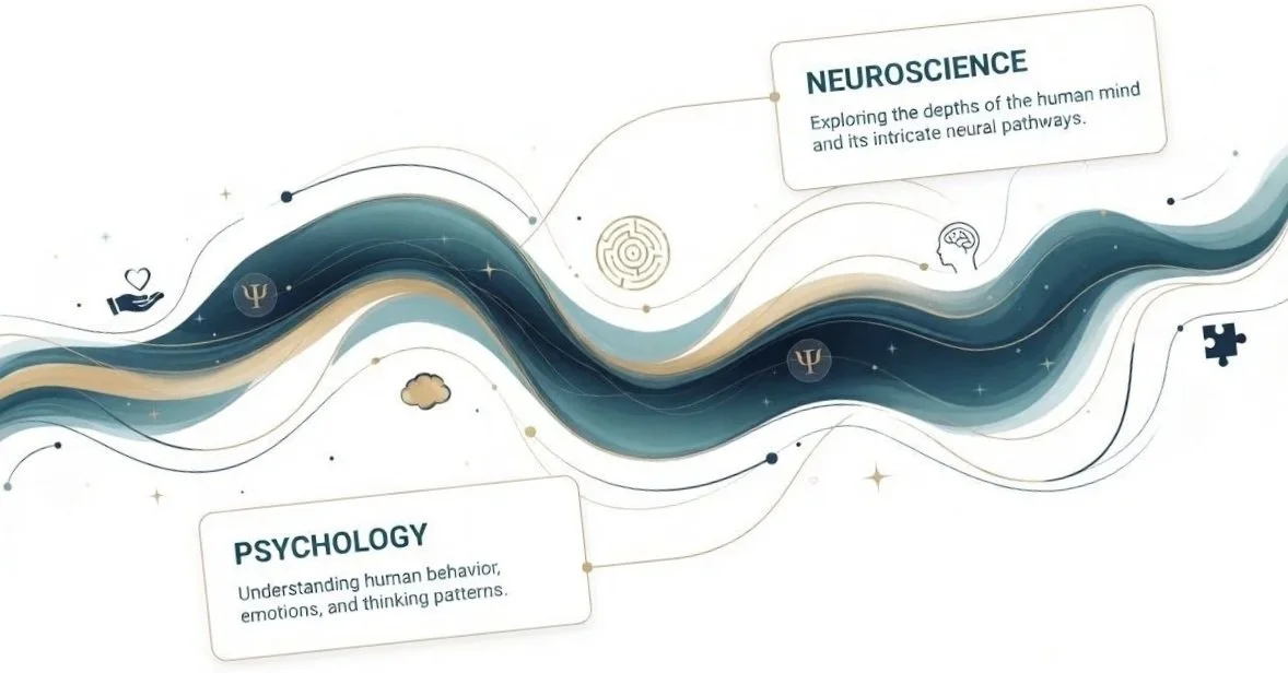Psychology and neuroscience illustration showing how thinking patterns, emotions and behaviour are connected and can be changed through structured psychological methods.