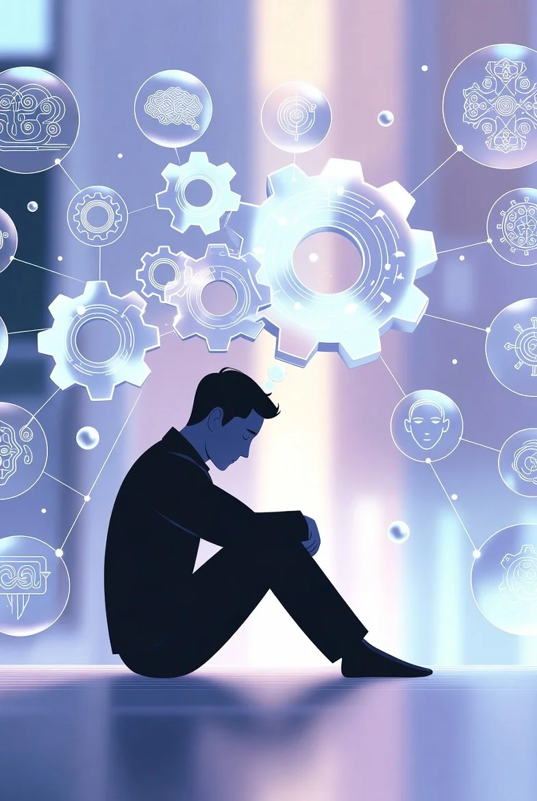 Overthinking, anxiety and negative thought patterns illustration, representing how thinking shapes behaviour and mental wellbeing.