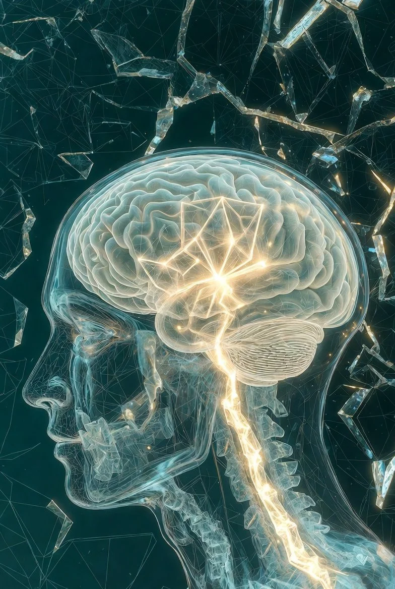 Negative thinking patterns and cognitive distortion illustration, showing how underlying beliefs shape behaviour and how they can be broken and restructured.