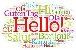 A word cloud with greetings in various languages, including 'Hello,' 'Hola,' 'Bonjour,' 'Ciao,' and others in different colors and fonts.