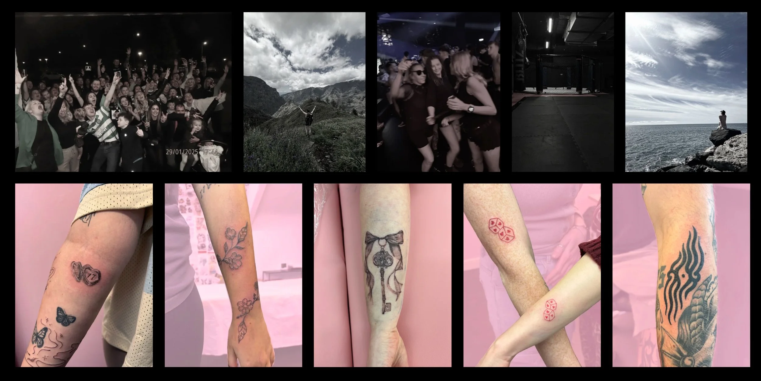 A collage of ten images showing various scenes. The top row includes a crowd of people at night, a person hiking in a mountainous area under a cloudy sky, a group of women dancing or enjoying themselves at a social event, a dark gym or training space