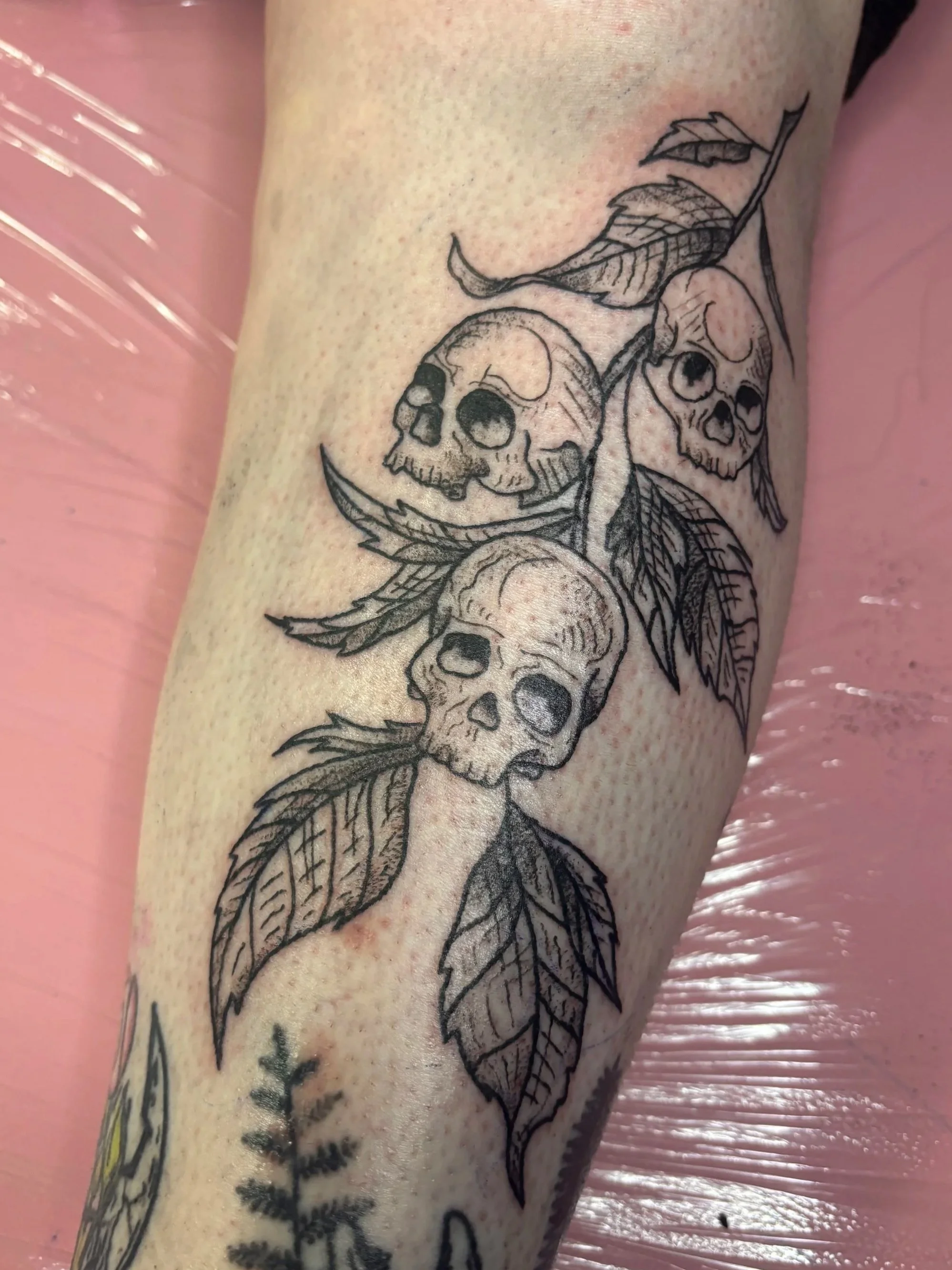 Tattoo of three skulls connected by a branch with leaves on the arm.