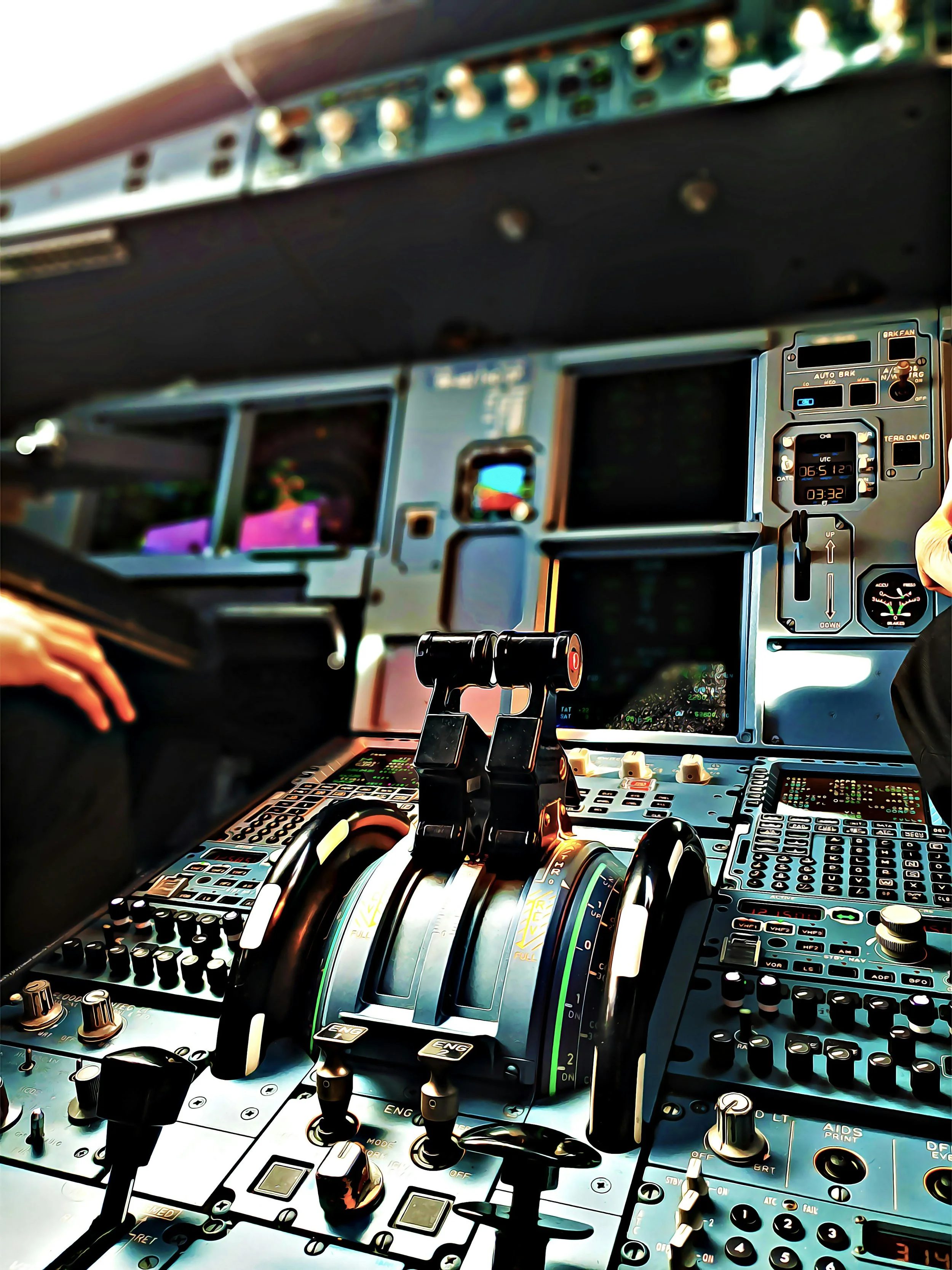 Close-up of airplane cockpit controls and instruments, including throttle levers, switches, and digital screens.