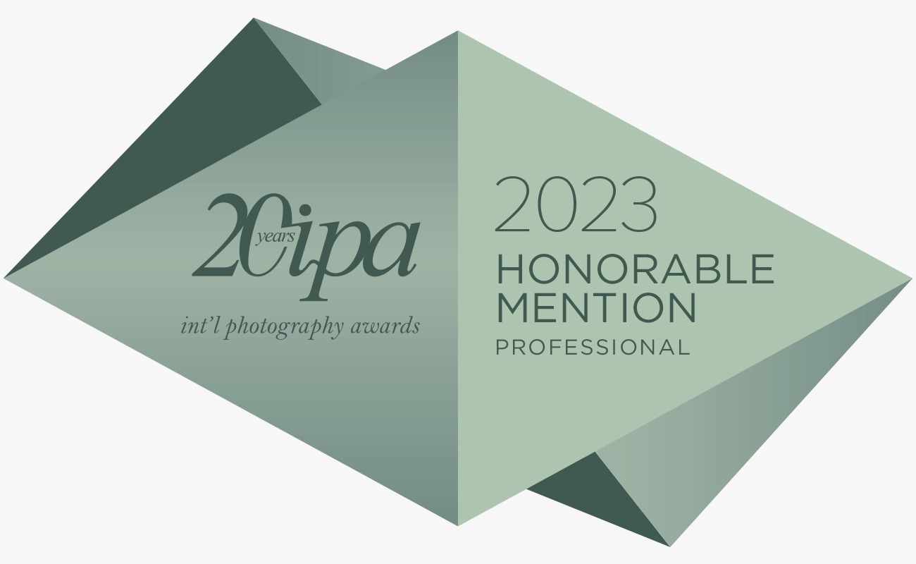 A geometric design with text celebrating 20 years of Zipa and recognizing a 2023 professional honorable mention in international photography awards.