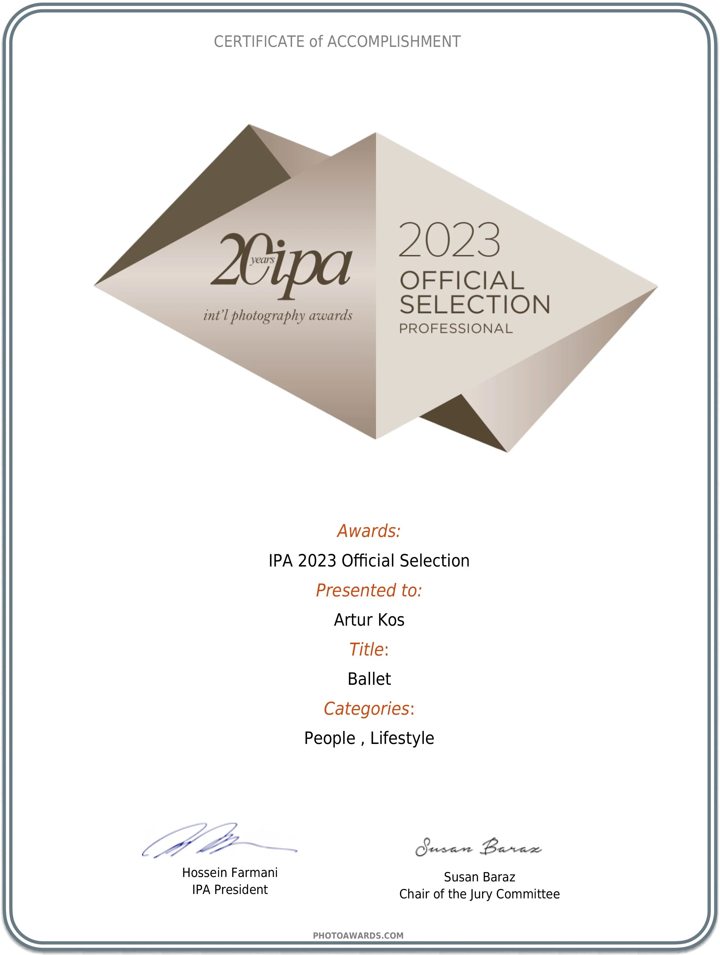 A certificate of accomplishment from the International Photography Awards (IPA) for 2023, awarded to Artur Kos in the category of Ballet. It features a geometric, 3D design in various shades of beige and brown, with signatures at the bottom.