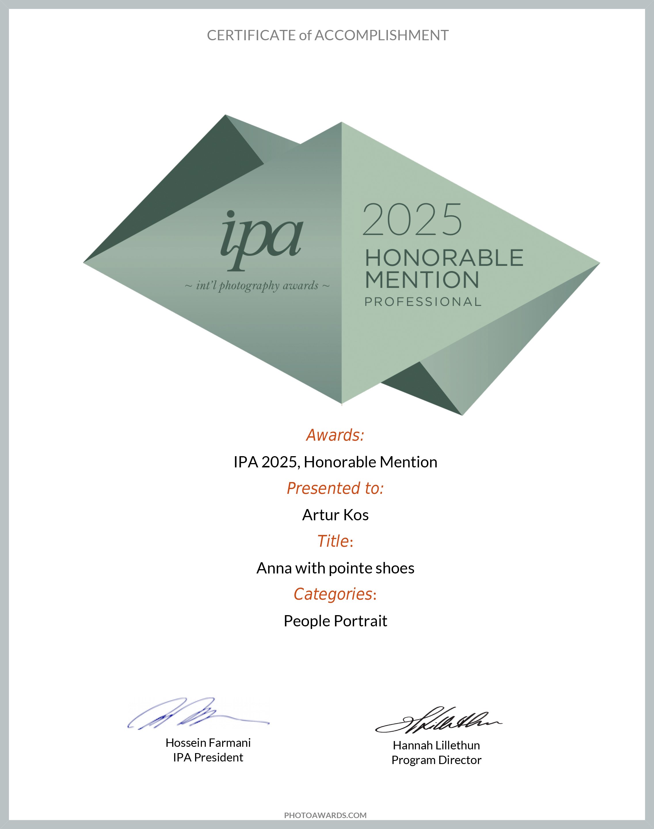 Certificate of accomplishment awarded to Artur Kos for honorable mention in the 2025 IPA international photography awards. Contains signatures of Hossein Farmani and Hannah Lilletun.