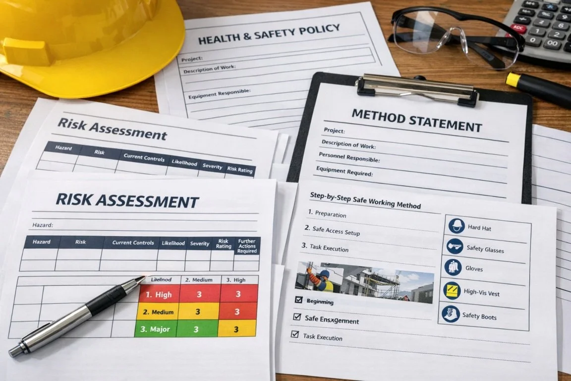 Health and safety documents showing risk assessments and method statements