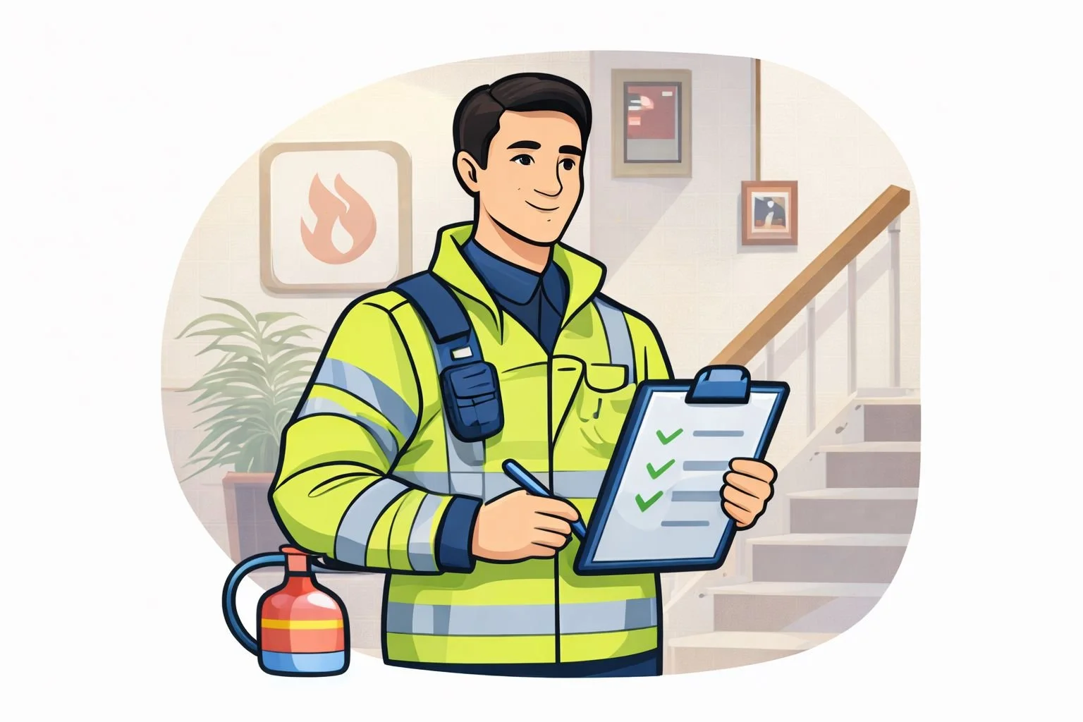 Fire risk assessor carrying out an on-site fire risk assessment, reviewing a checklist inside a business premises.