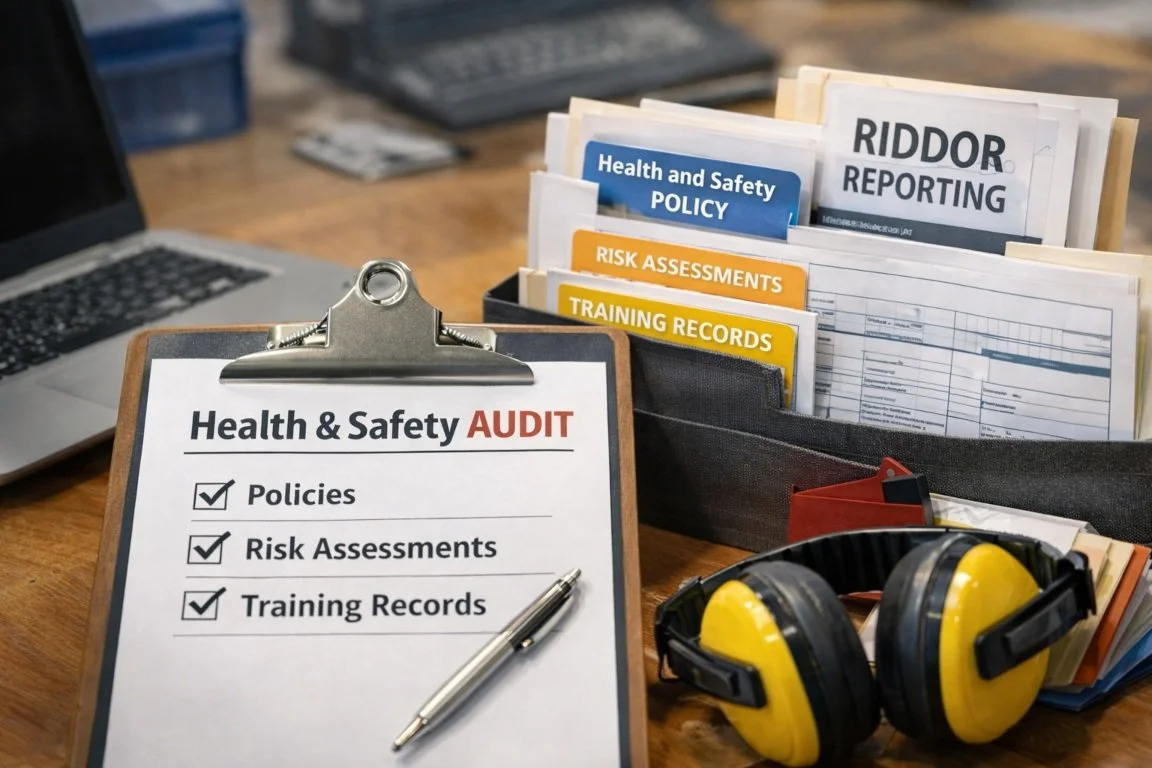 Health and safety audit checklist with policy documents, risk assessments and training records ready for review