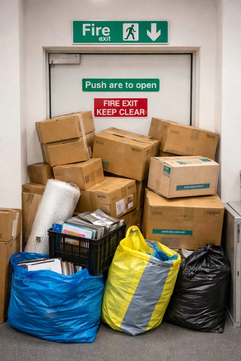 Blocked fire exit in a UK workplace demonstrating a common fire safety failure