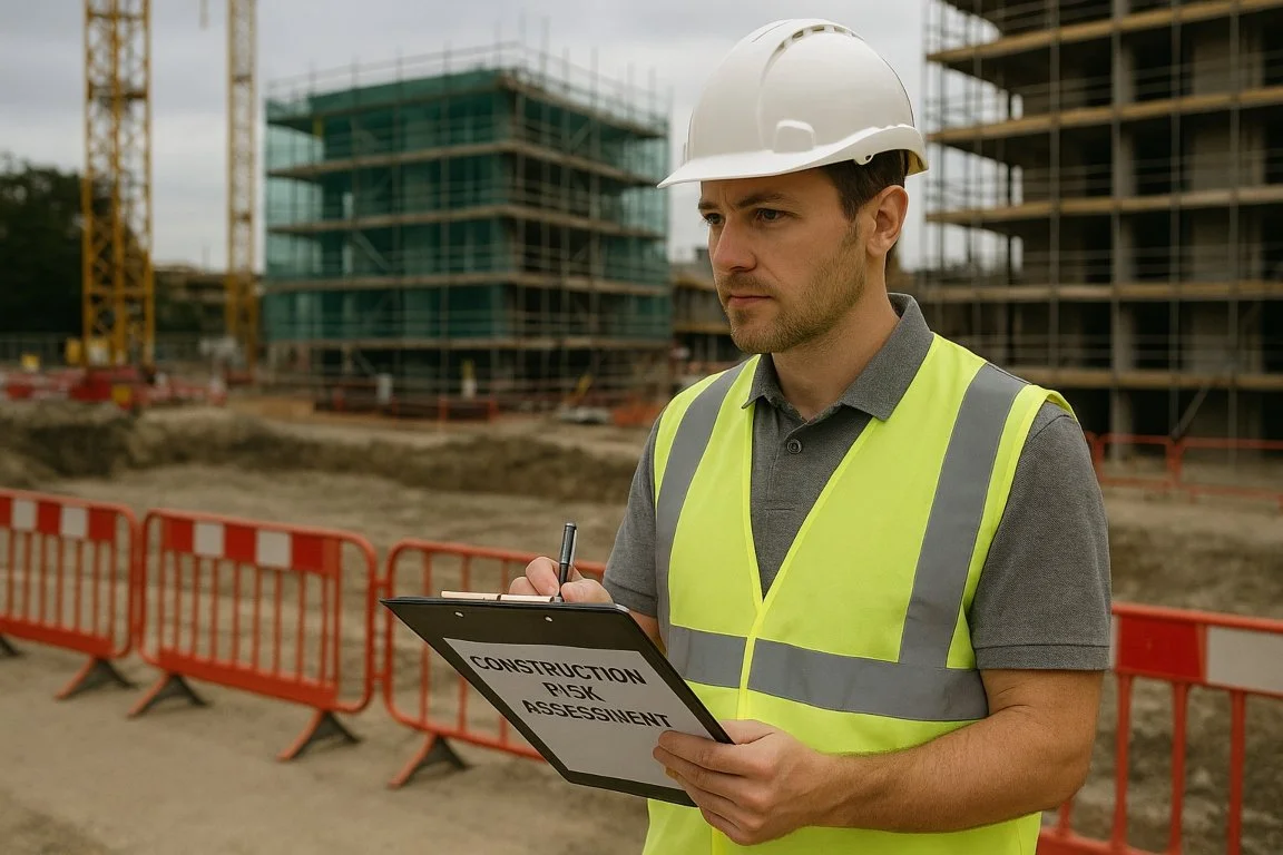 Health and safety consultant carrying out a construction risk assessment for RAMS compliance