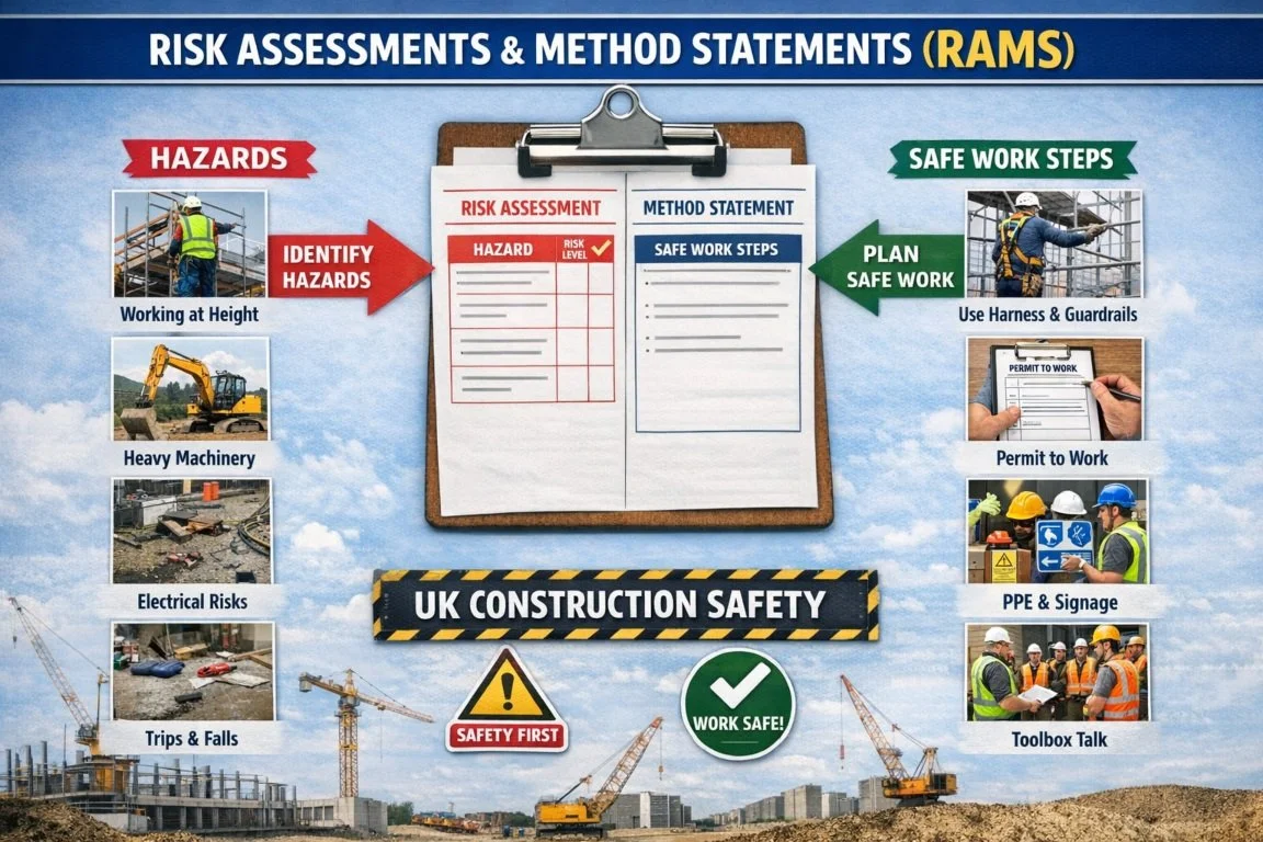 Diagram showing Risk Assessments and Method Statements (RAMS) with hazards and safe work steps for UK construction safety