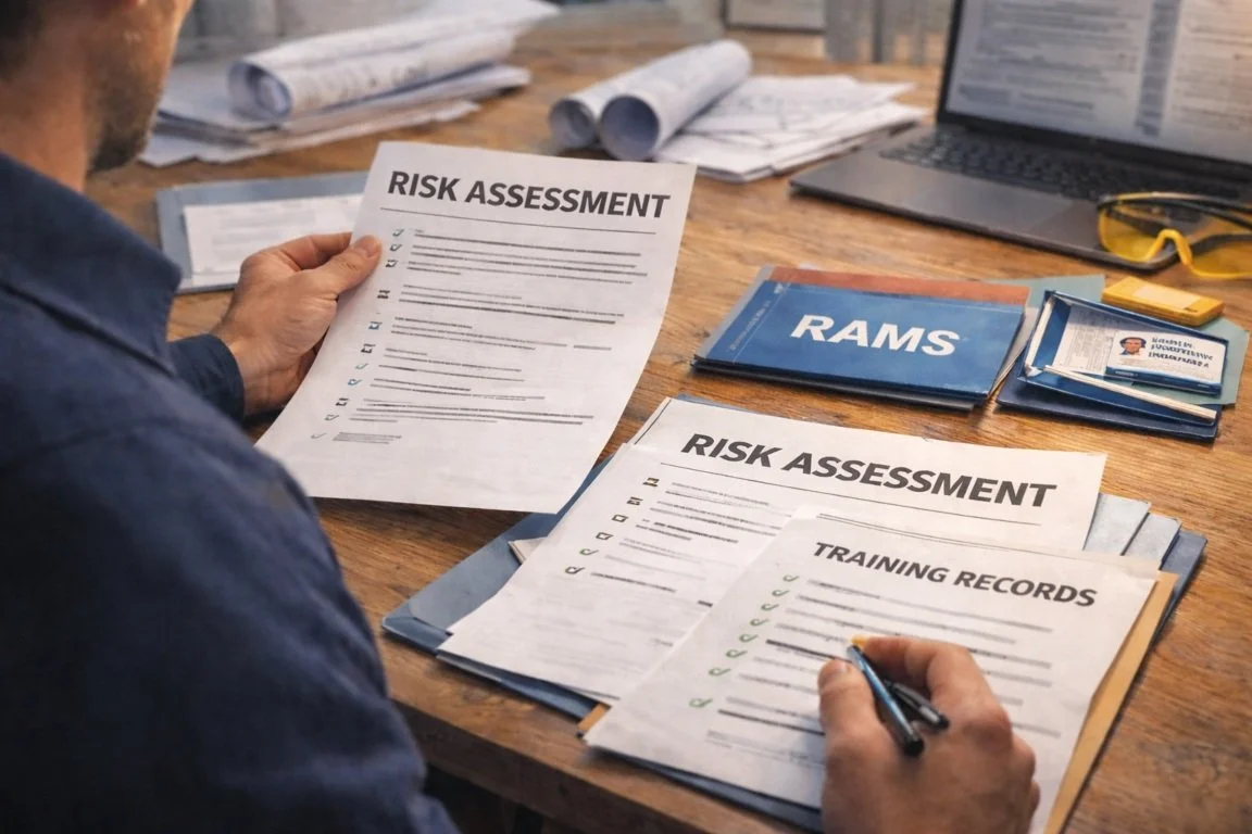 Contractor reviewing risk assessments RAMS and training records while preparing SSIP accreditation documentation