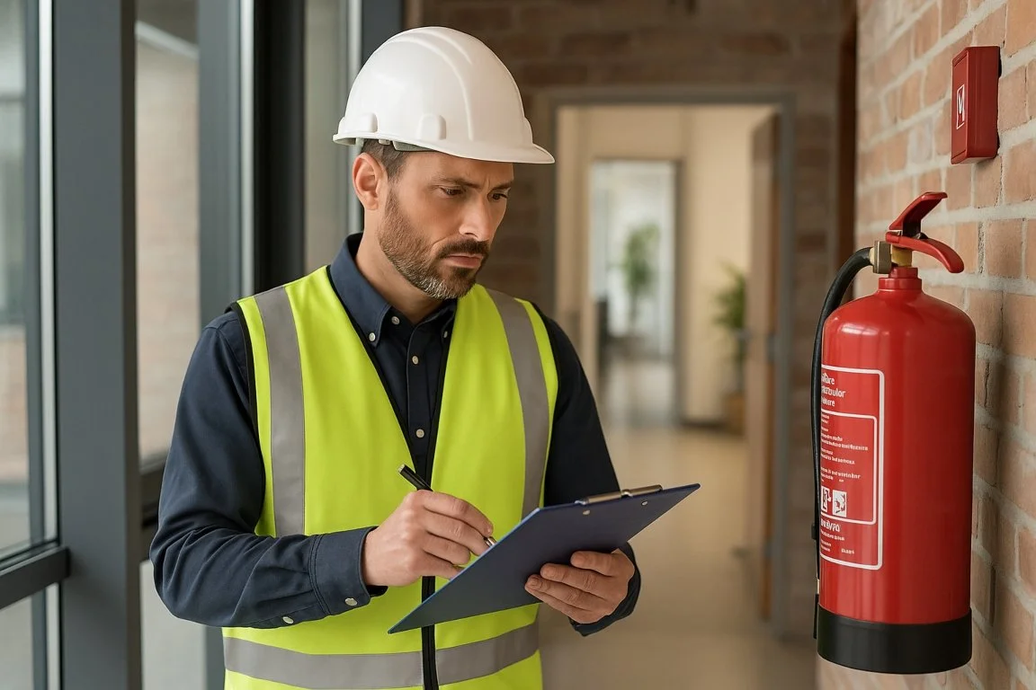 Fire risk assessor inspecting workplace fire safety equipment in a UK business premises.