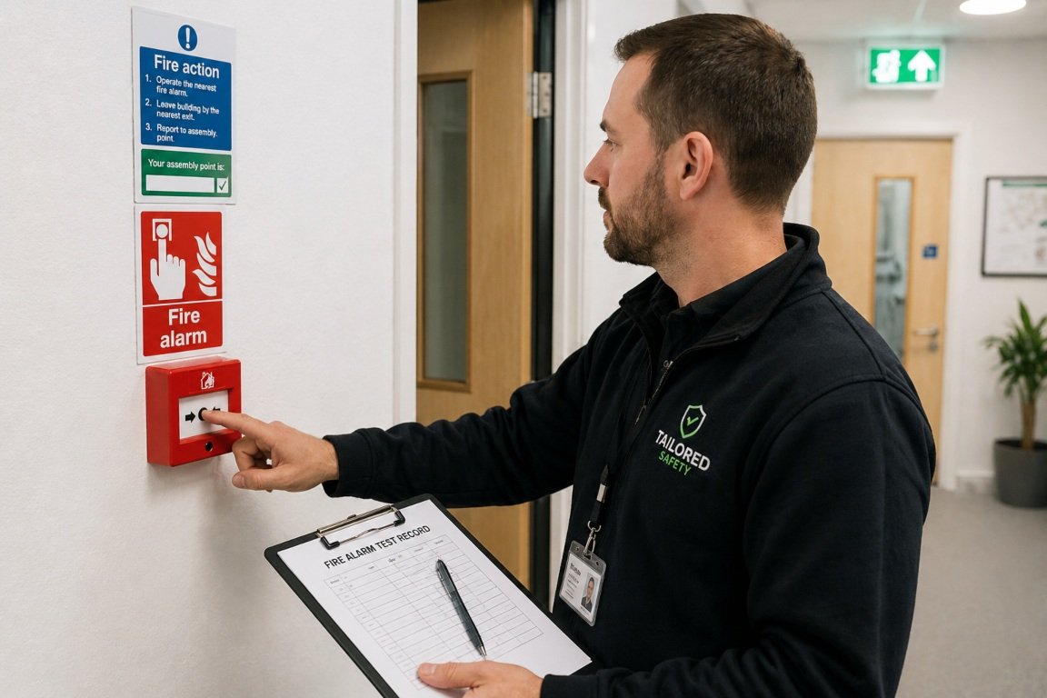 Staff member testing a fire alarm call point during a weekly fire safety check in a UK workplace