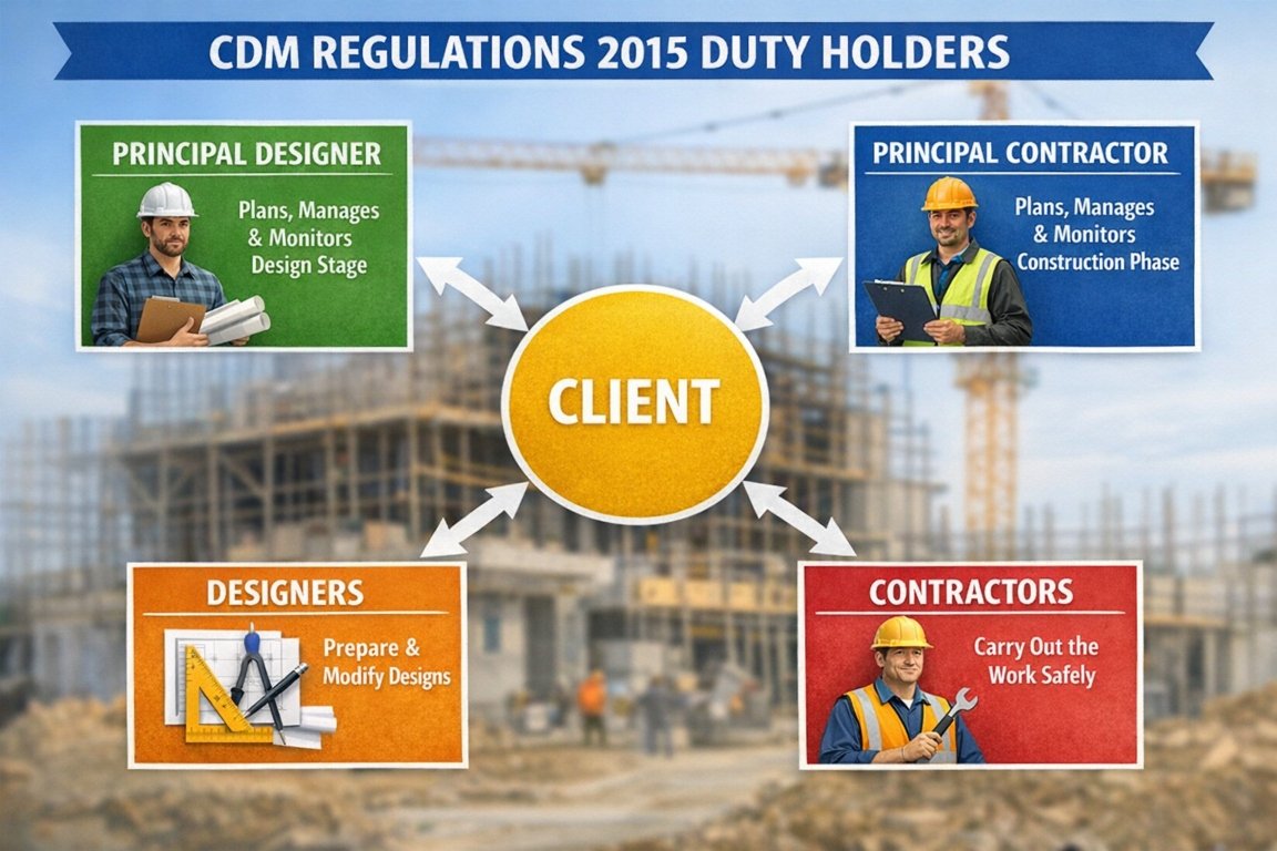 Diagram showing CDM Regulations 2015 duty holders including client, principal designer, principal contractor, designers and contractors