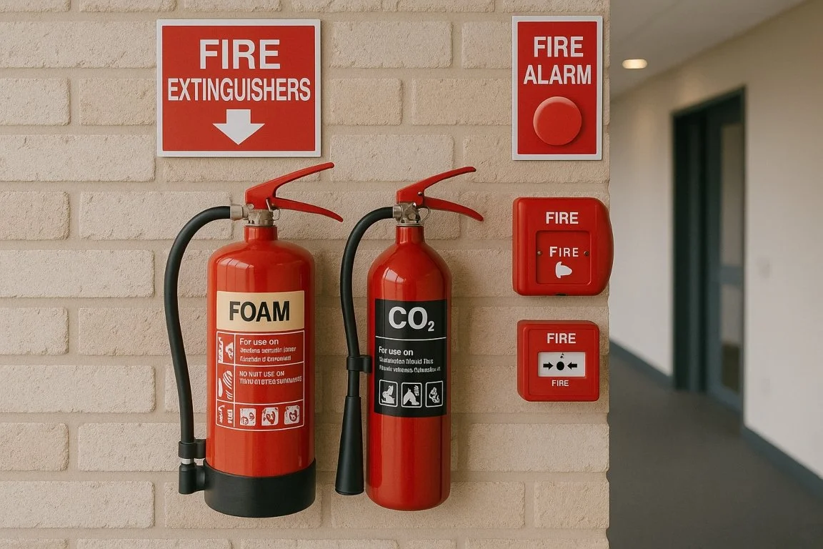 Fire extinguishers and fire alarm systems installed in a UK workplace for fire safety compliance