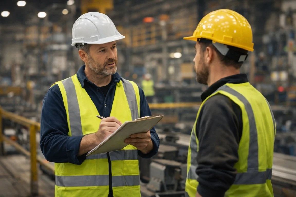 Health and safety auditor inspecting a workplace and speaking with staff to assess compliance in a UK business
