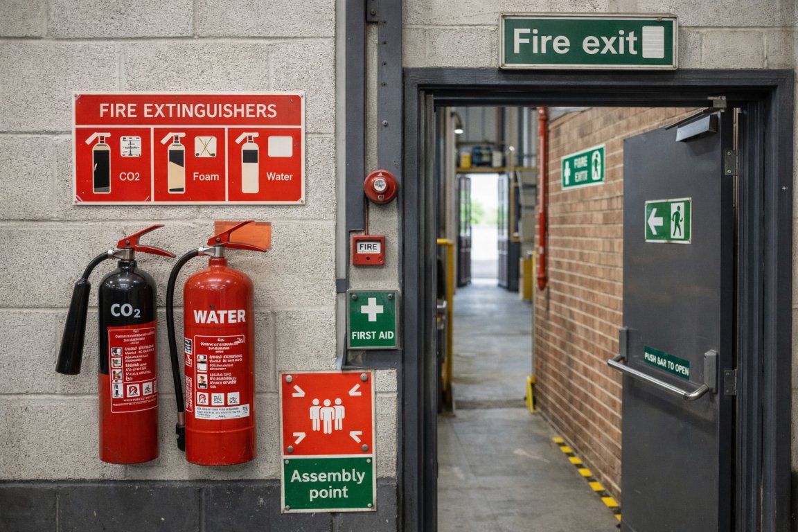 Fire safety equipment and emergency exit signage in a UK workplace