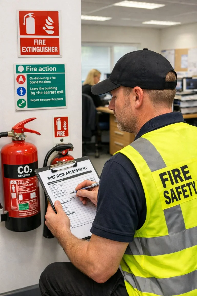 Fire risk assessment being carried out in a UK workplace by a safety professional