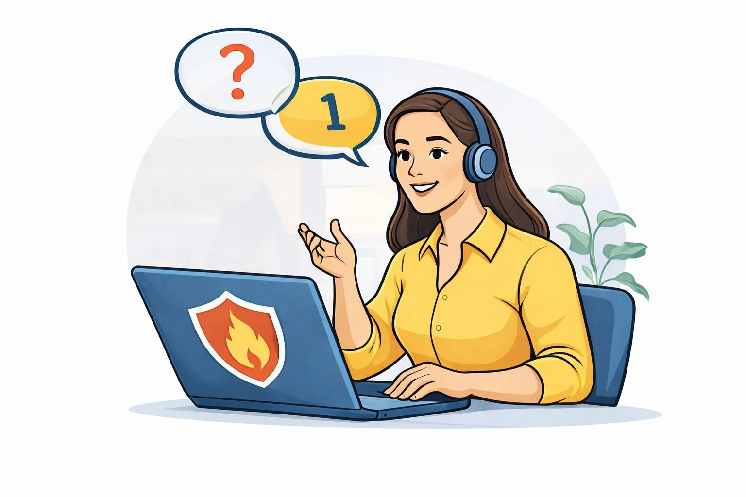 Illustration of a customer support advisor providing health and safety guidance online using a laptop and headset.