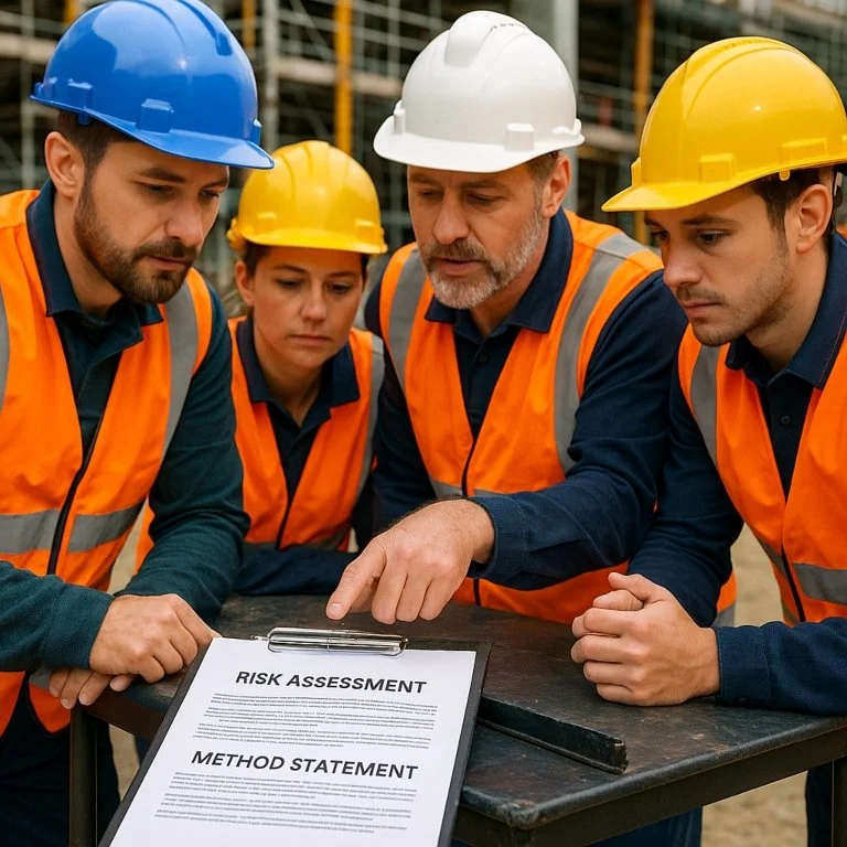 Construction workers reviewing RAMS safety documents on site to plan a safe method of work.