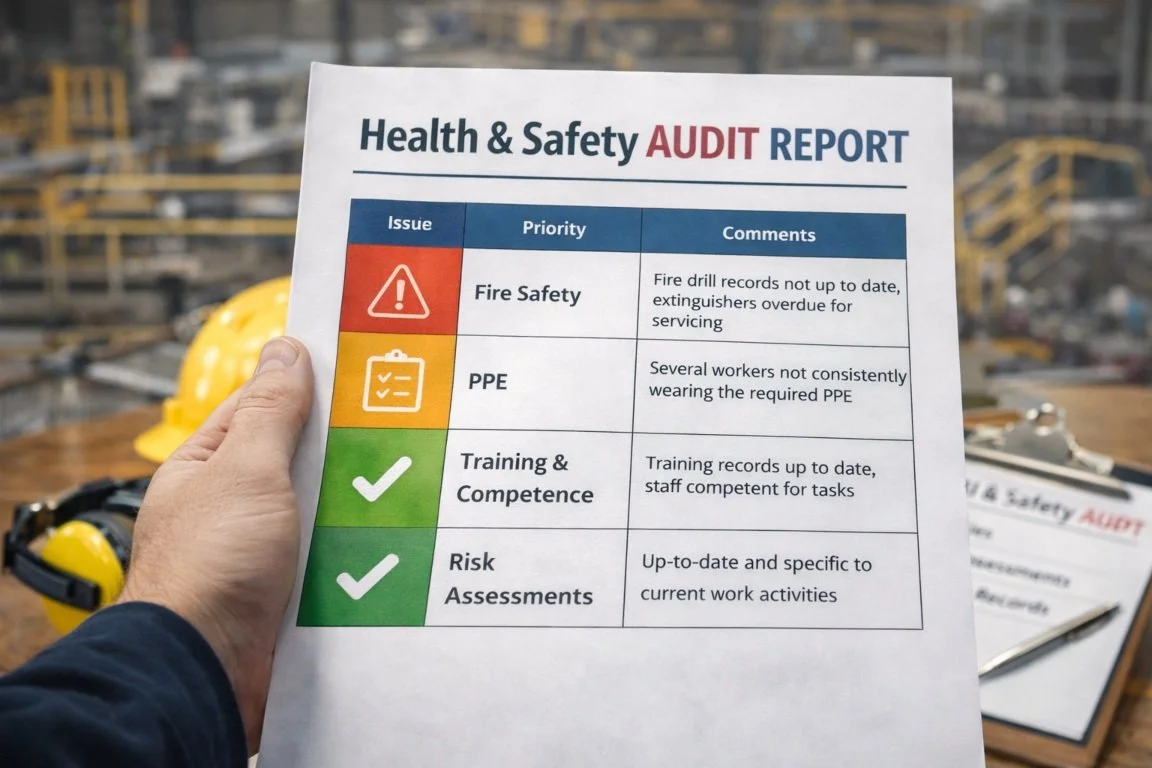 Health and safety audit report using red amber green rating system to prioritise workplace risks and improvements