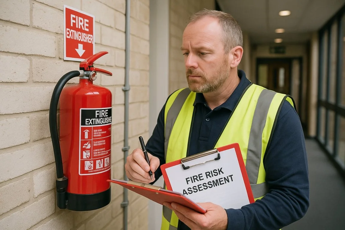 Fire risk assessment being carried out by a qualified fire safety inspector in a UK commercial building