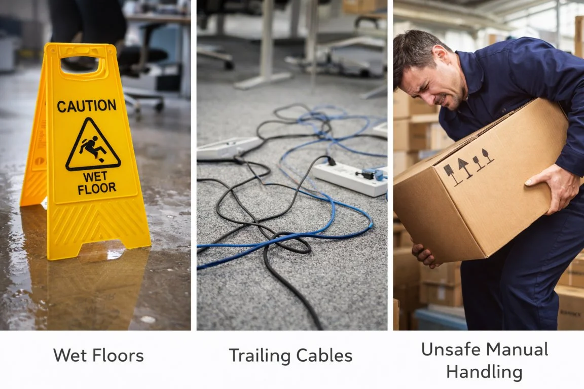 Common workplace hazards including wet floors, trailing cables, and unsafe manual handling
