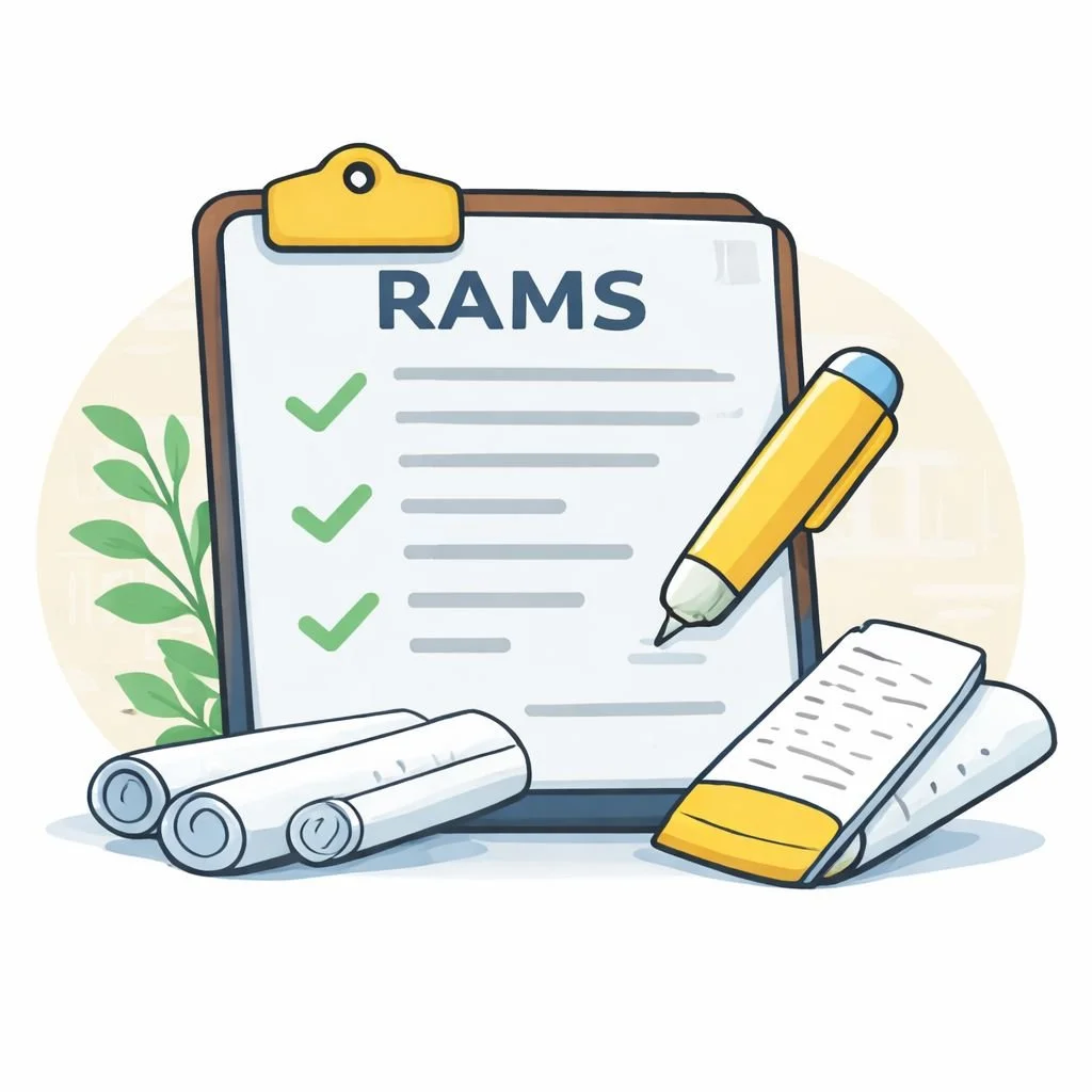 Clipboard displaying a RAMS document with green check marks, a yellow pencil, rolled plans, and a notepad, representing prepared safety documentation.