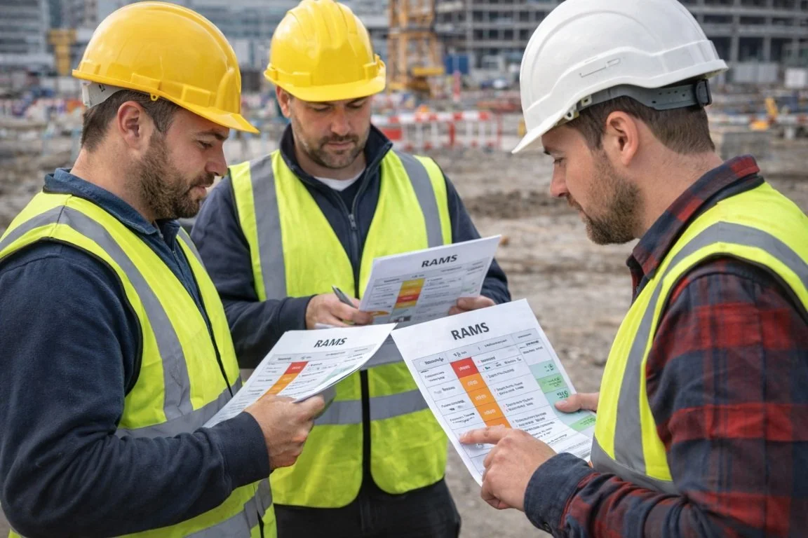 Construction team reviewing RAMS documents during a site safety briefing in the UK