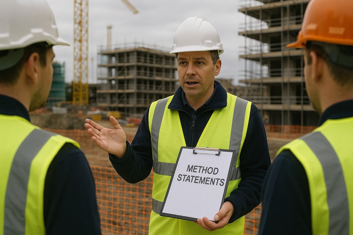 Supervisor explaining method statements during a toolbox talk for construction and maintenance work