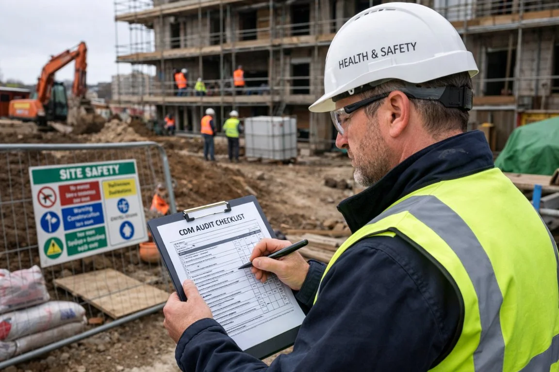 Health and safety consultant carrying out a CDM audit on a construction site