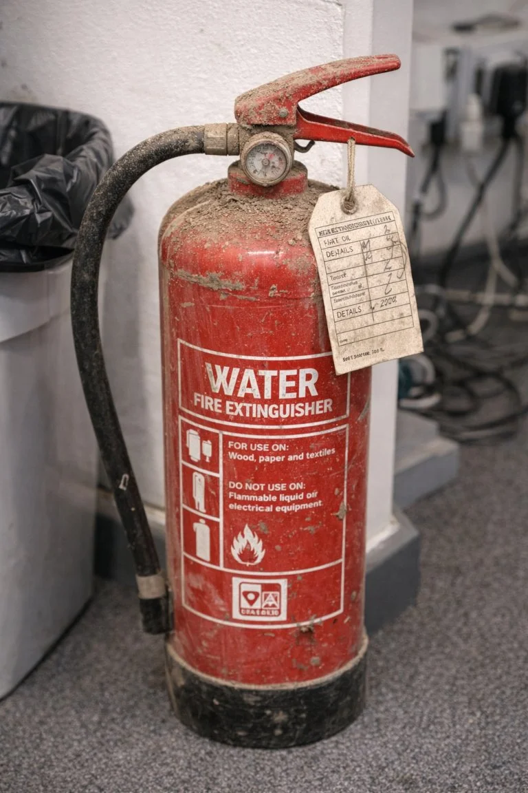 Poorly maintained fire extinguisher highlighting fire safety non-compliance in the workplace